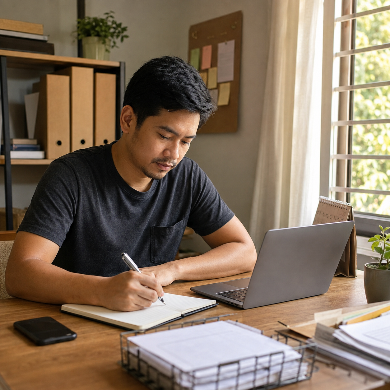 A Filipino virtual assistant calmly organizing a sustainable work system