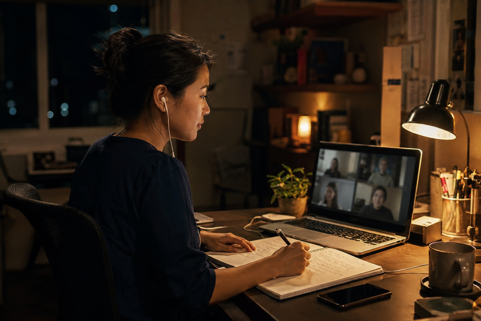 A Filipino virtual assistant taking notes during an online client meeting