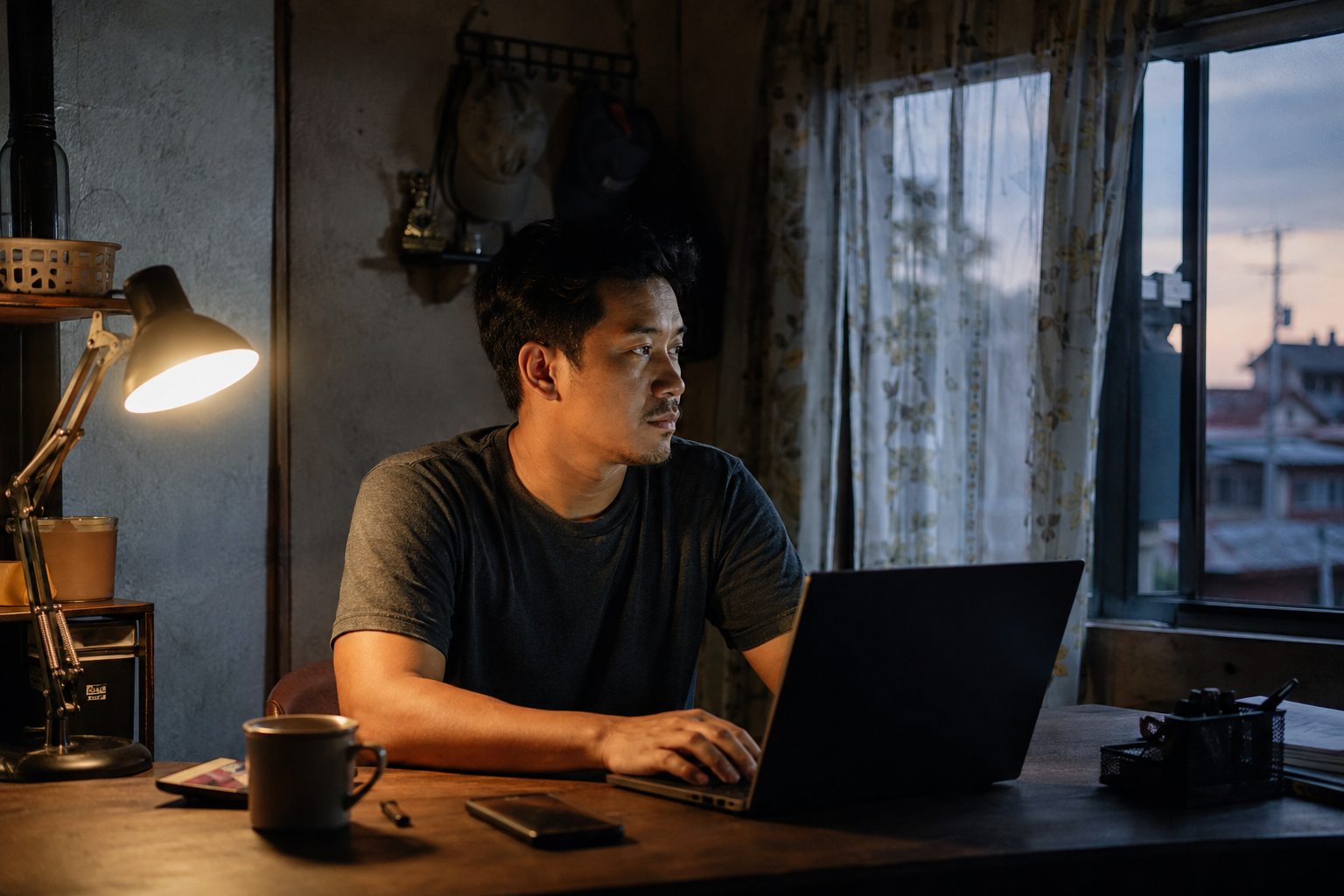 A tired Filipino virtual assistant at his desk as morning begins