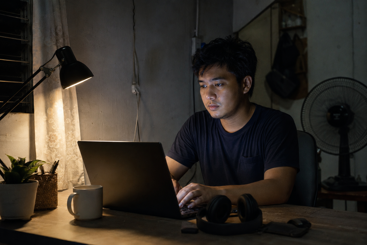 A Filipino virtual assistant working alone from home late at night