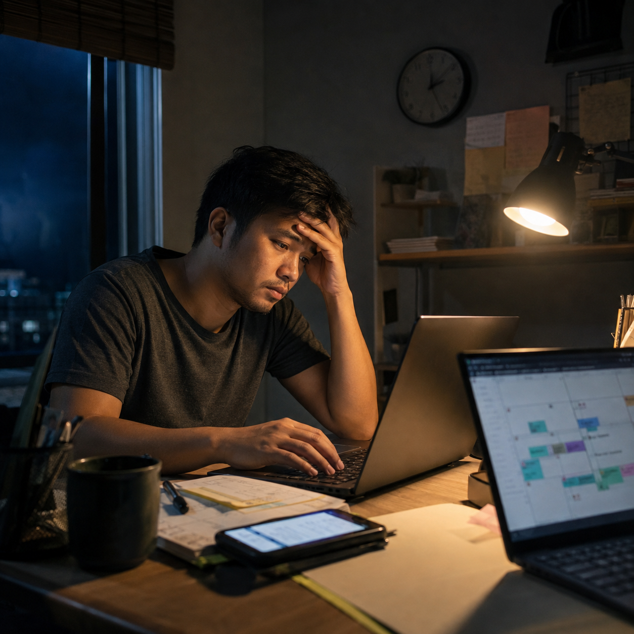 A tired Filipino virtual assistant managing overlapping work late at night