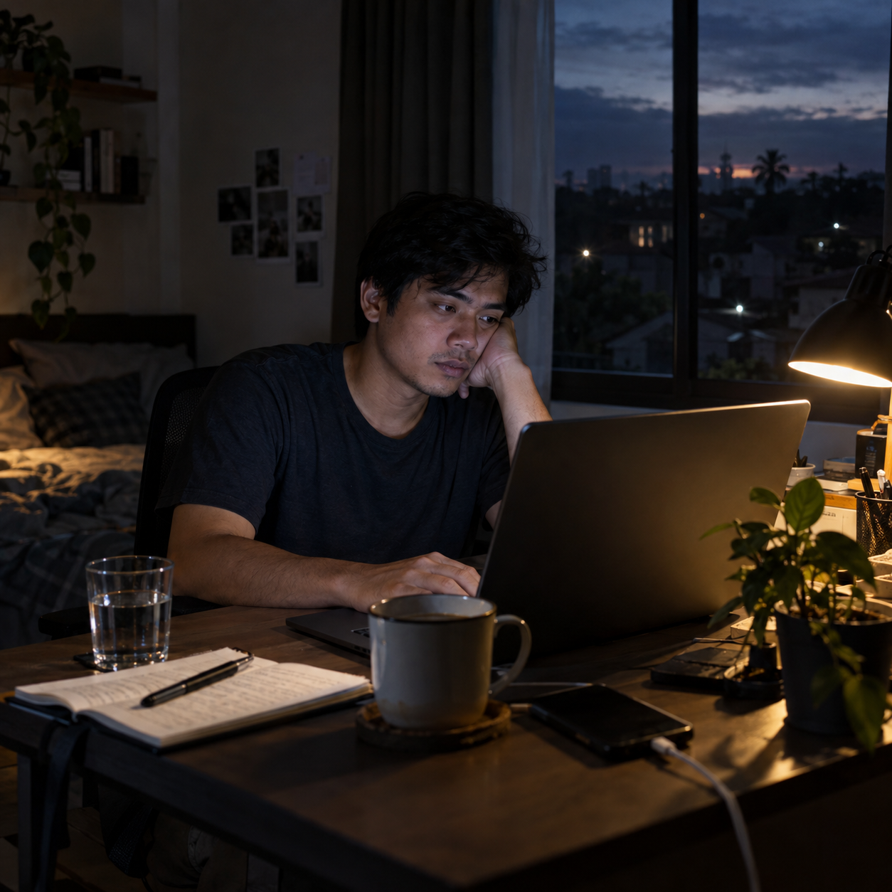 A tired Filipino virtual assistant working alone during the night shift